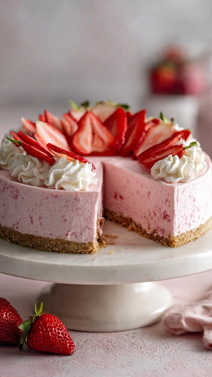 Delicious no-bake strawberry cheesecake served on a white plate with fresh strawberries