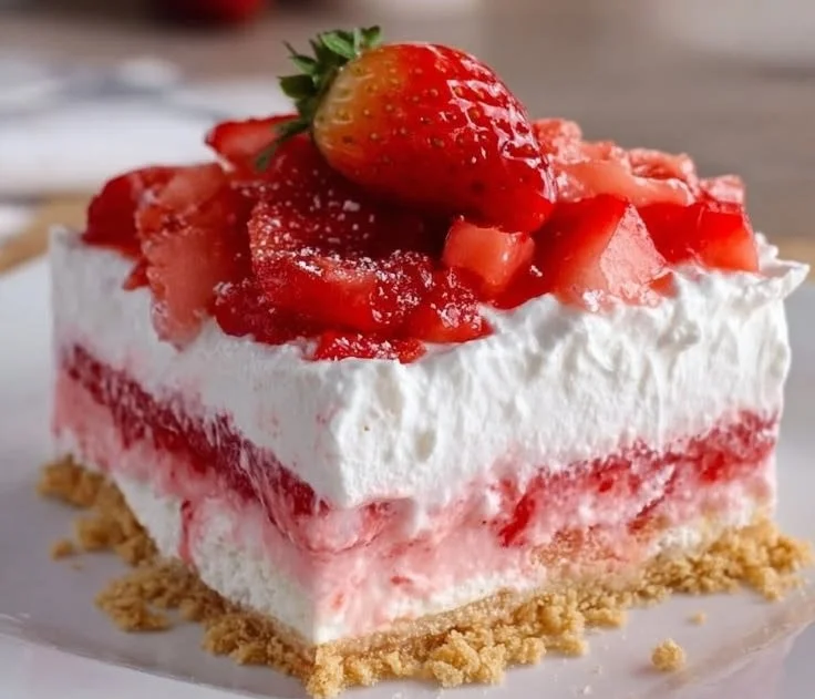 No bake strawberry lasagna with layers of strawberries and cream
