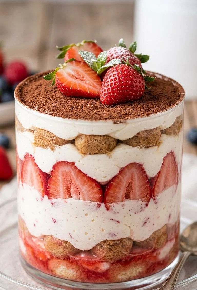 No-Bake Strawberry Tiramisu with fresh strawberries and layers of mascarpone