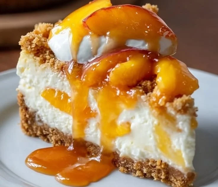 A slice of delectable Peach Cobbler Cheesecake topped with fresh peaches.
