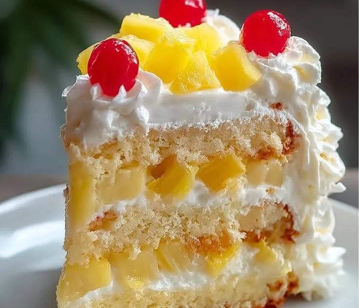 Delicious Pineapple Heaven Cake topped with fresh pineapple slices and cream