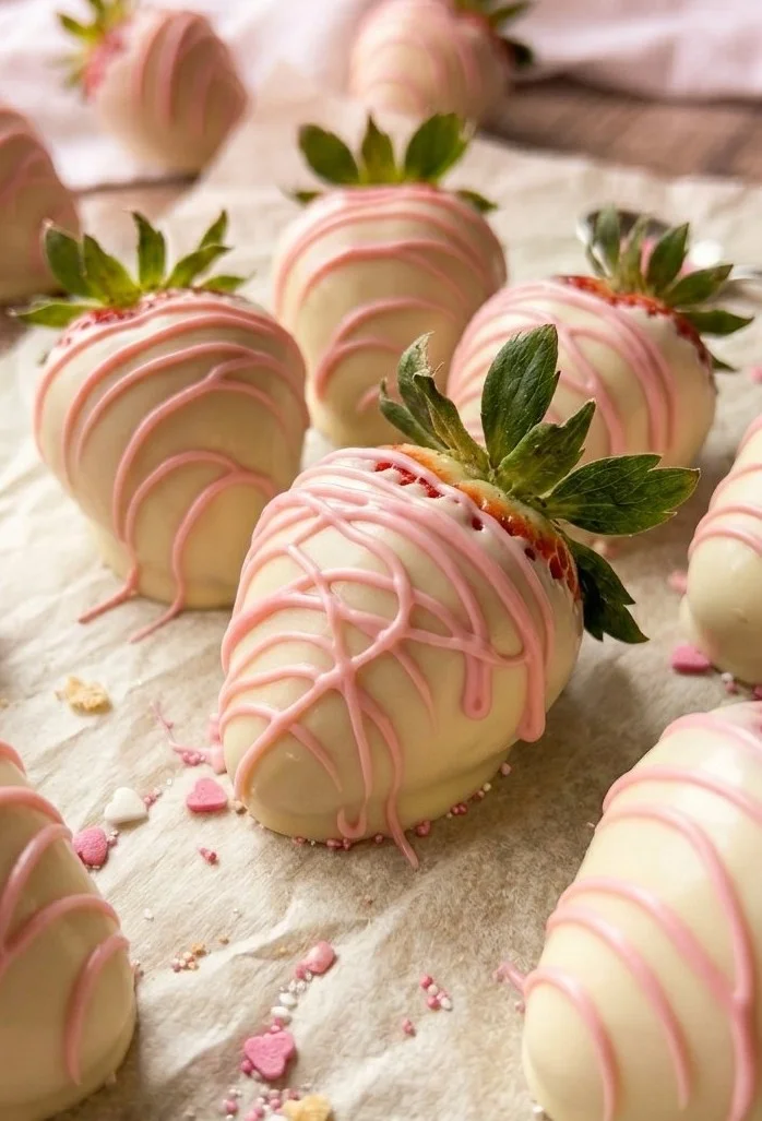 Pink drizzled white chocolate strawberries on a white plate