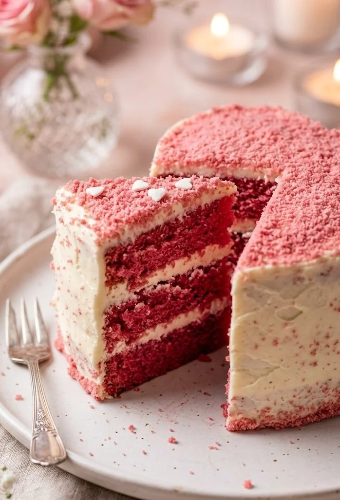 Beautifully decorated Pink Velvet Heart Cake with cream cheese frosting
