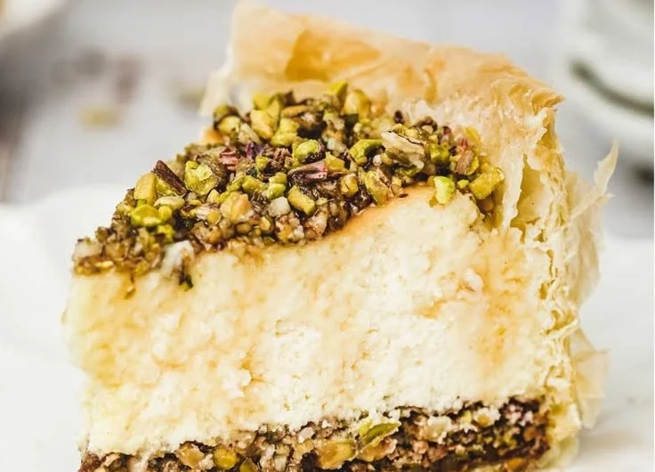 Slice of Pistachio Baklava Cheesecake topped with pistachios on a plate