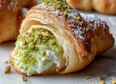 Freshly baked pistachio cream croissants on a wooden table