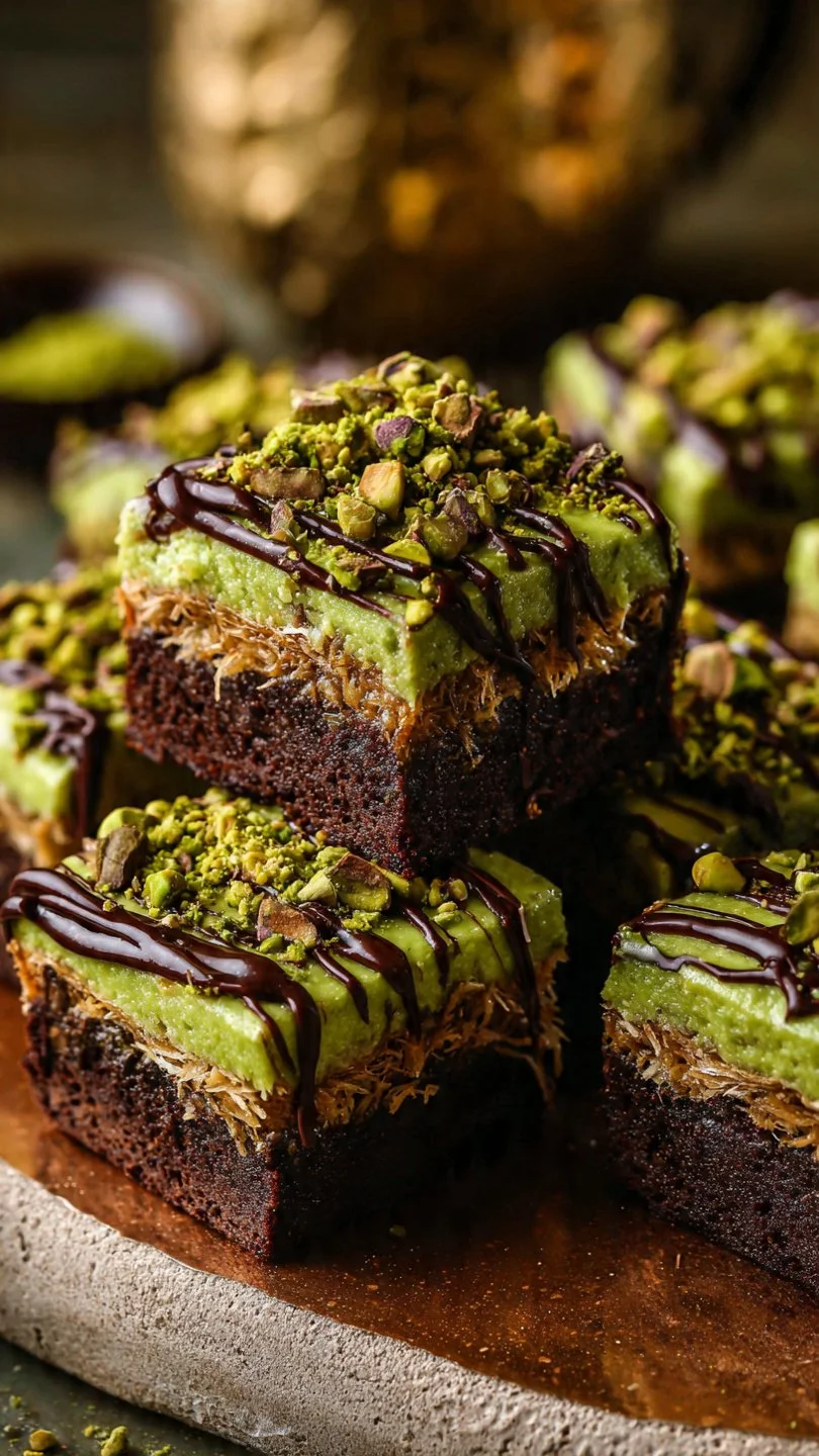 Delicious Pistachio Dubai Brownies topped with chopped pistachios.