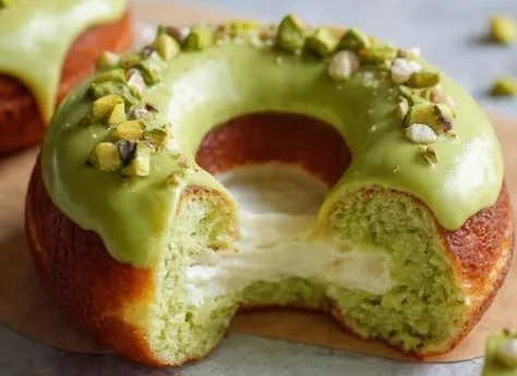 Pistachio lava donuts with a gooey center and vibrant green topping.