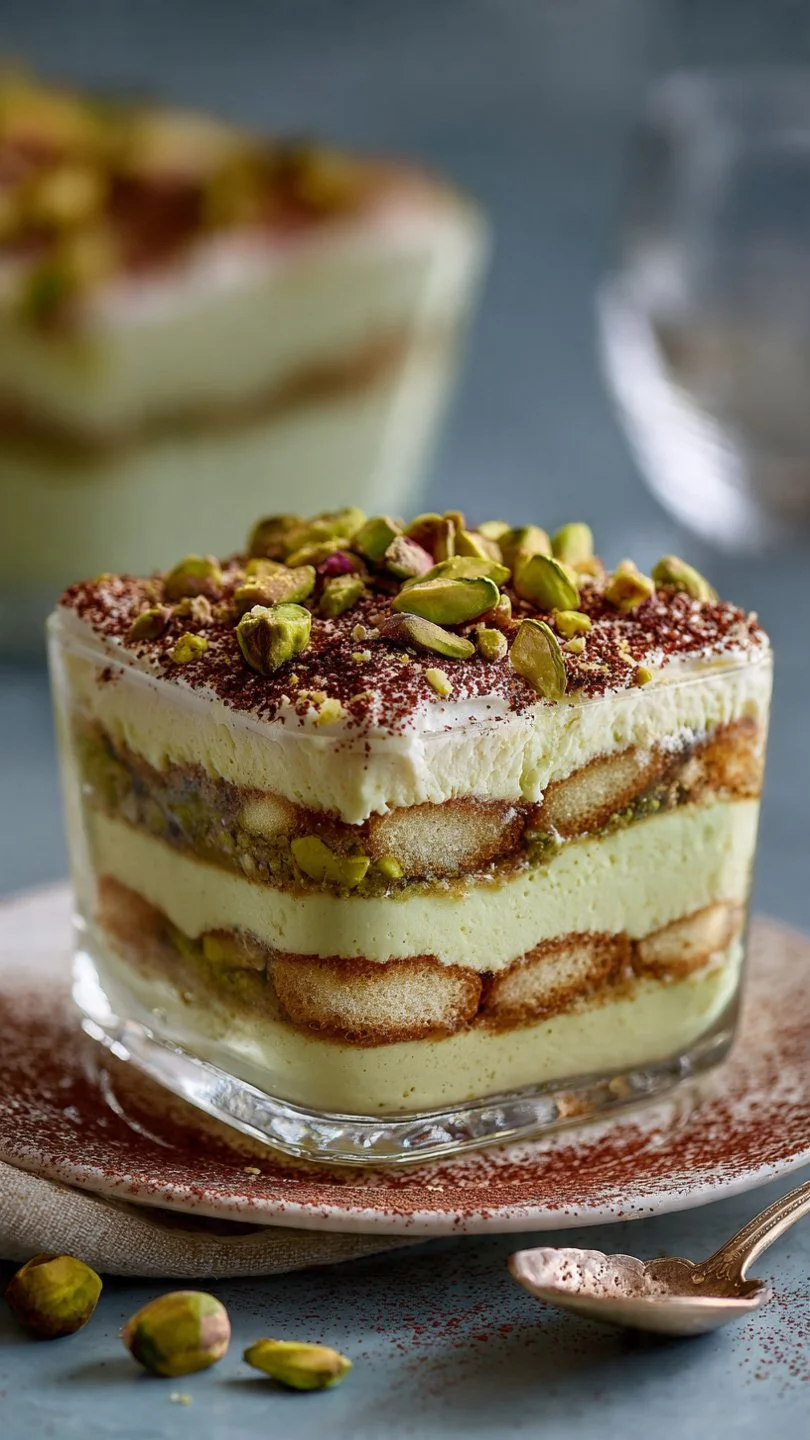 Delicious Pistachio Tiramisu topped with crushed pistachios and cocoa