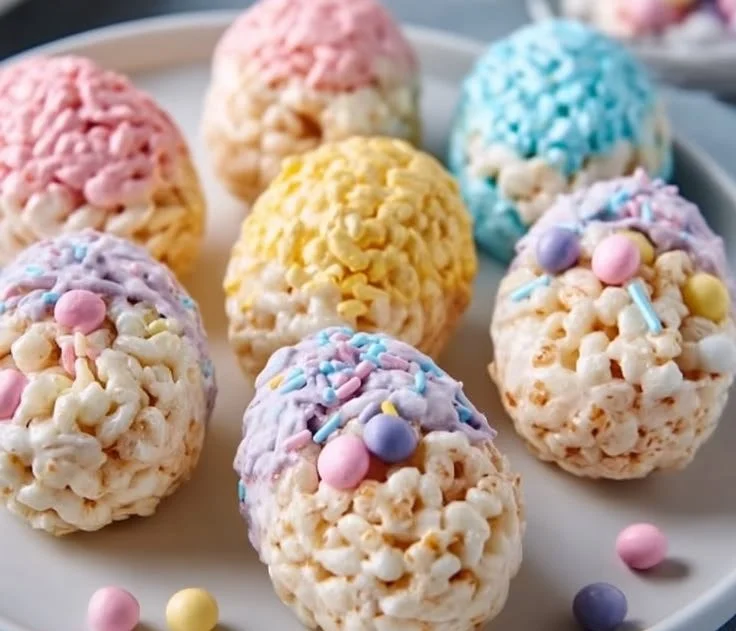 Colorful Rice Krispies Easter Egg Treats arranged for spring celebrations