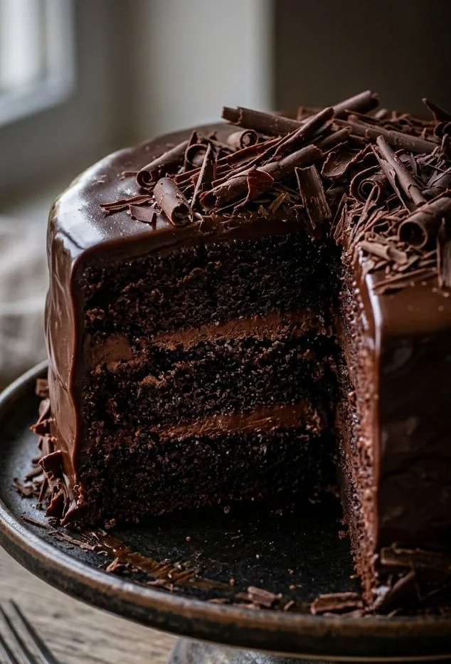 Slice of rich dark chocolate cake with chocolate ganache topping