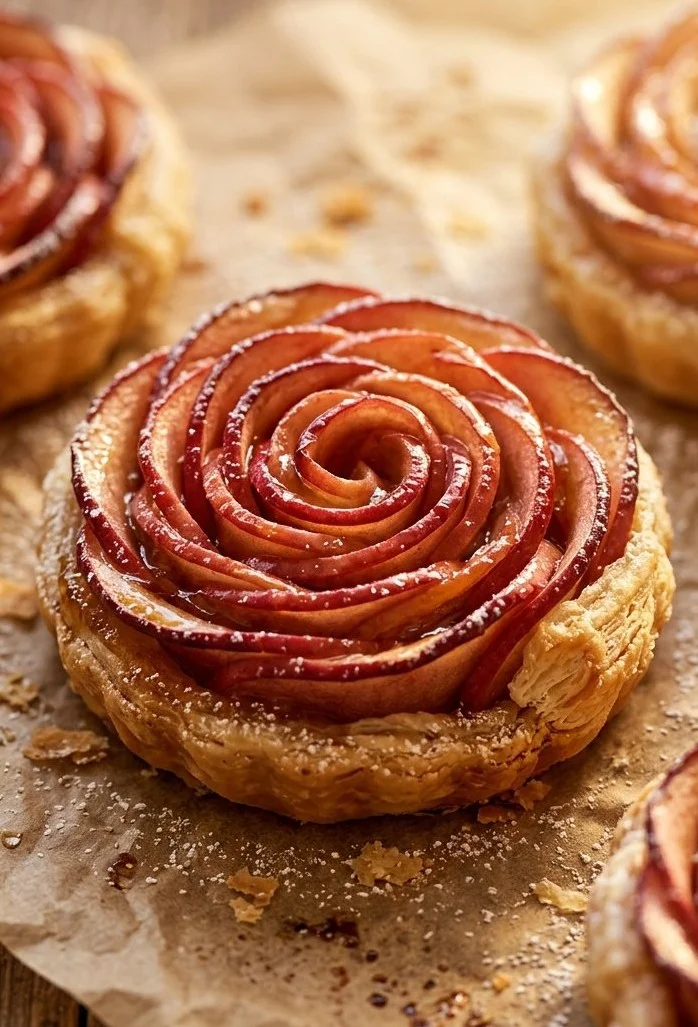 Beautiful rose-shaped apple tarts adorned with elegant pastry design.