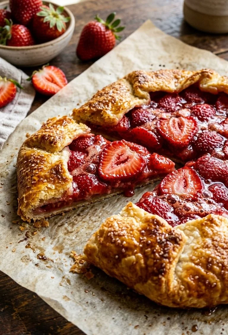 Rustic strawberry galette with flaky crust and fresh strawberries