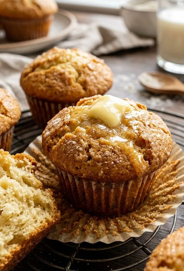 Freshly baked soft homemade muffins on a wooden table