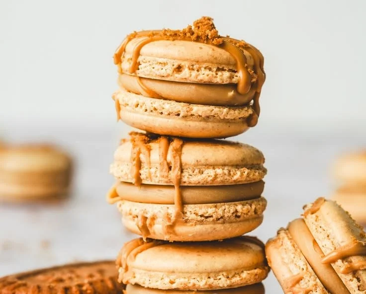 Delicious Speculoos Macarons displayed on a decorative plate.