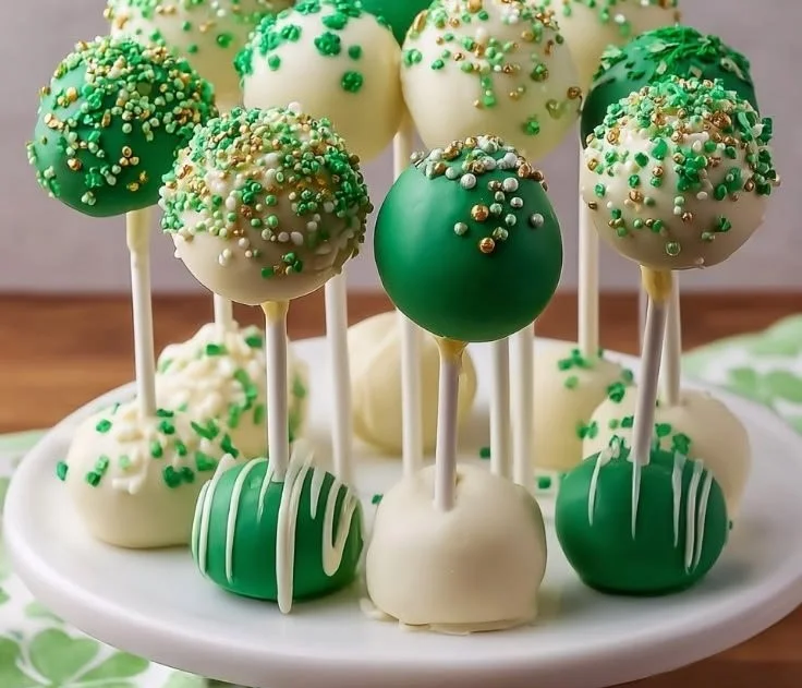 St. Patrick's Day themed cake pops decorated with green and gold.