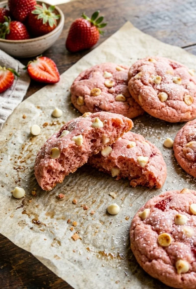 Delicious strawberry cake mix cookies on a plate, perfect for dessert.