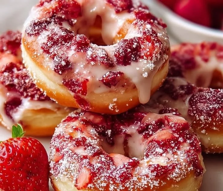 Strawberry cheesecake donuts topped with fresh strawberries and creamy icing