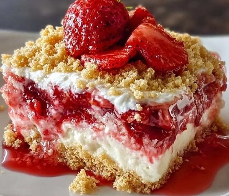 Delicious strawberry cheesecake dump cake topped with fresh strawberries