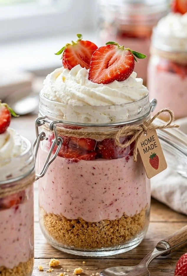 Strawberry cheesecake jars topped with fresh strawberries and whipped cream