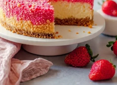 Delicious strawberry cheesecake topped with a crunchy crumble on a plate.