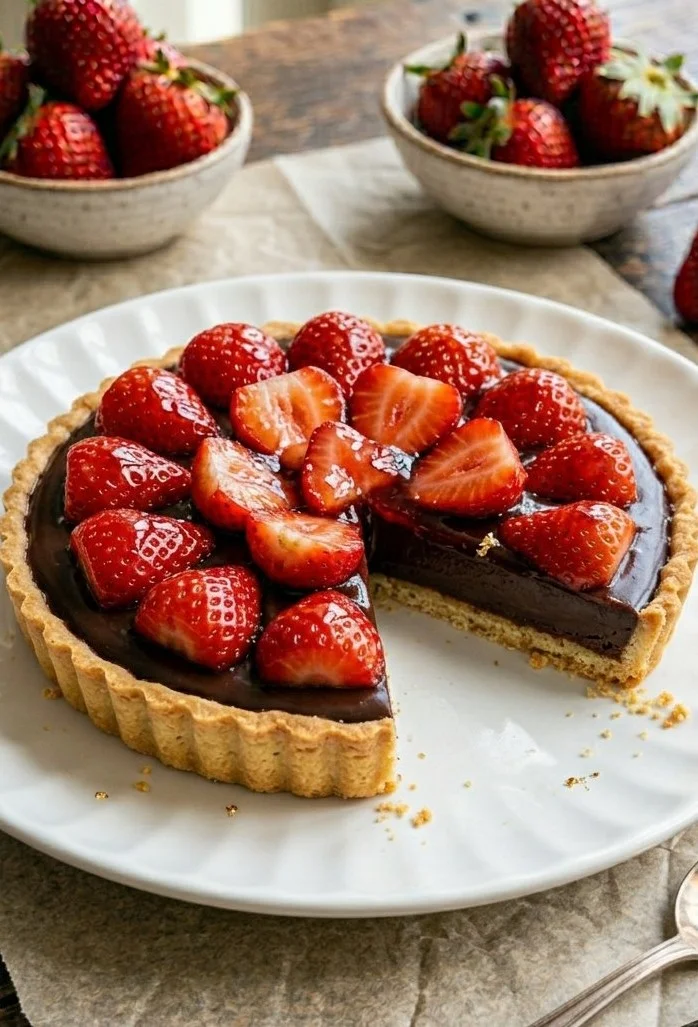 Delicious strawberry chocolate ganache tart topped with fresh strawberries and chocolate shavings.