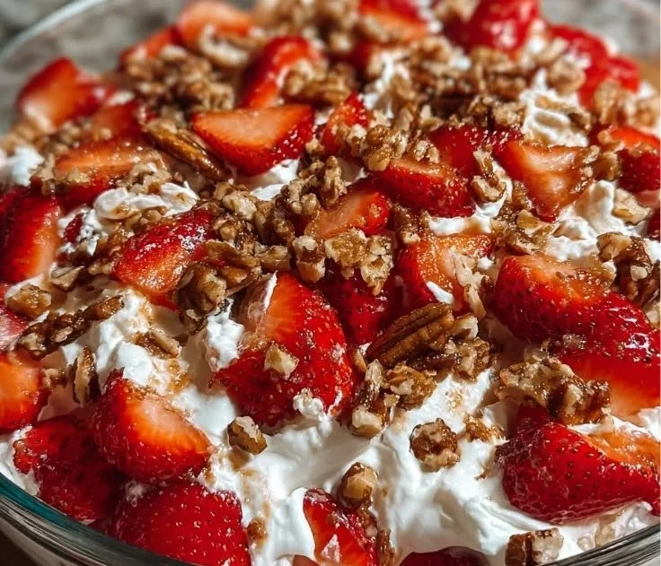 A vibrant Strawberry Crackle Salad featuring fresh strawberries, crisp toppings, and a delightful dressing.
