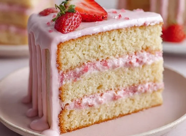 Delicious strawberry cream cake topped with fresh strawberries and whipped cream.