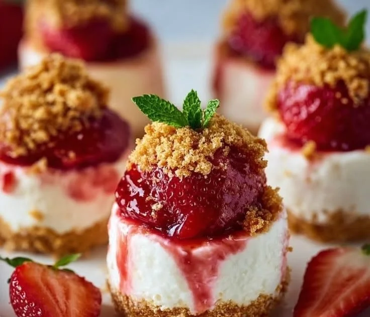 Strawberry Crunch Cheesecake Bites with fresh strawberries on top