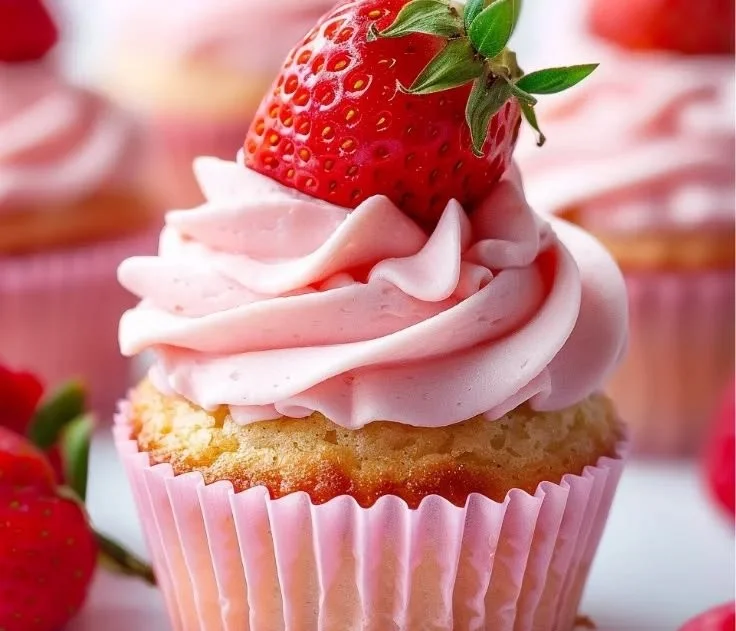 Delicious strawberry cupcakes topped with fresh strawberries and frosting