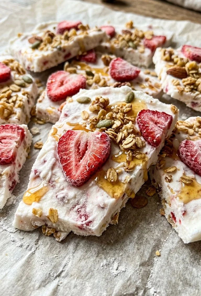 Delicious Strawberry Greek Yogurt Bark topped with fresh strawberries