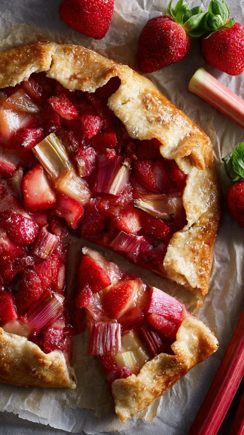 Delicious homemade Strawberry Rhubarb Galette with fresh strawberries and rhubarb