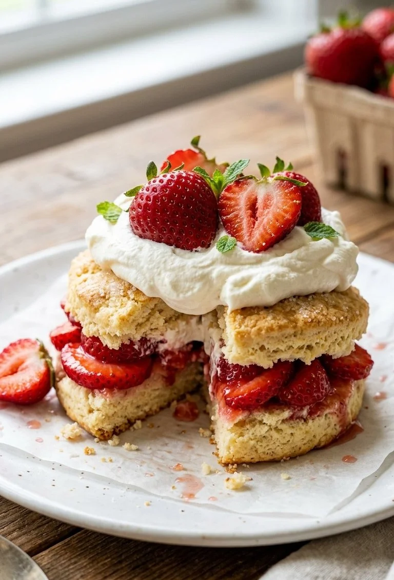 Delicious strawberry shortcake with whipped cream and fresh strawberries