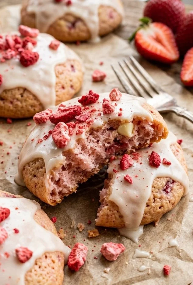Delicious strawberry shortcake cookies with fresh strawberries and whipped cream