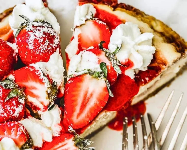 Delicious strawberry swirl cheesecake topped with fresh strawberries