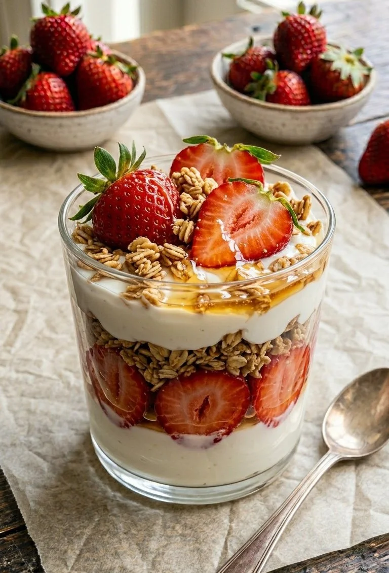 Delicious strawberry yogurt parfait with fresh strawberries and granola