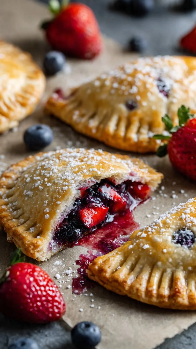 Delicious triple berry hand pies fresh out of the oven, golden and flaky.