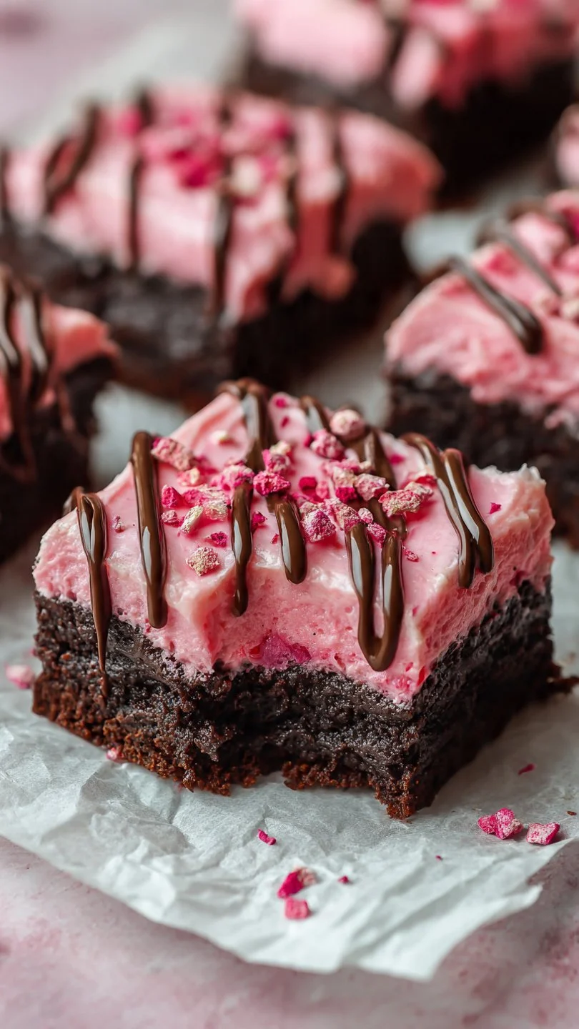 Delicious strawberry brownies topped with fresh strawberries and chocolate drizzle
