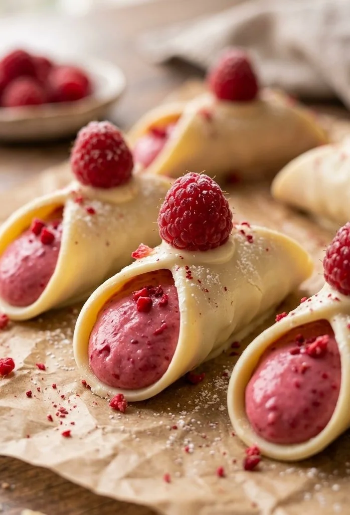 Delicious white chocolate raspberry shells with a creamy filling and raspberry topping