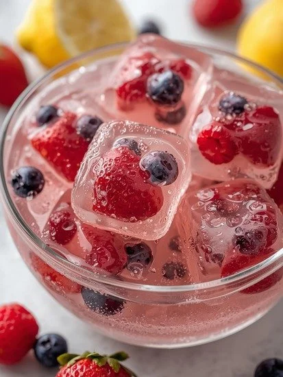 Aesthetic dessert bowl filled with colorful berry ice cubes.