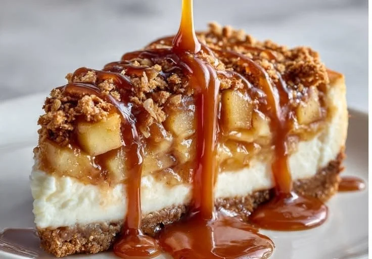 Slice of Apple Crisp Cheesecake with a crumbly topping and apple slices