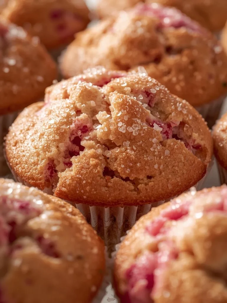 Bakery style strawberry rhubarb muffins on a rustic wooden table
