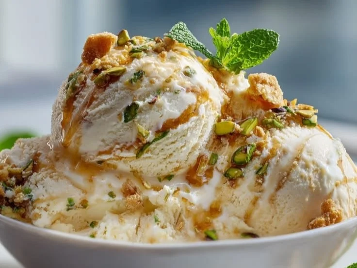 Baklava-infused cheesecake ice cream topped with nuts and honey