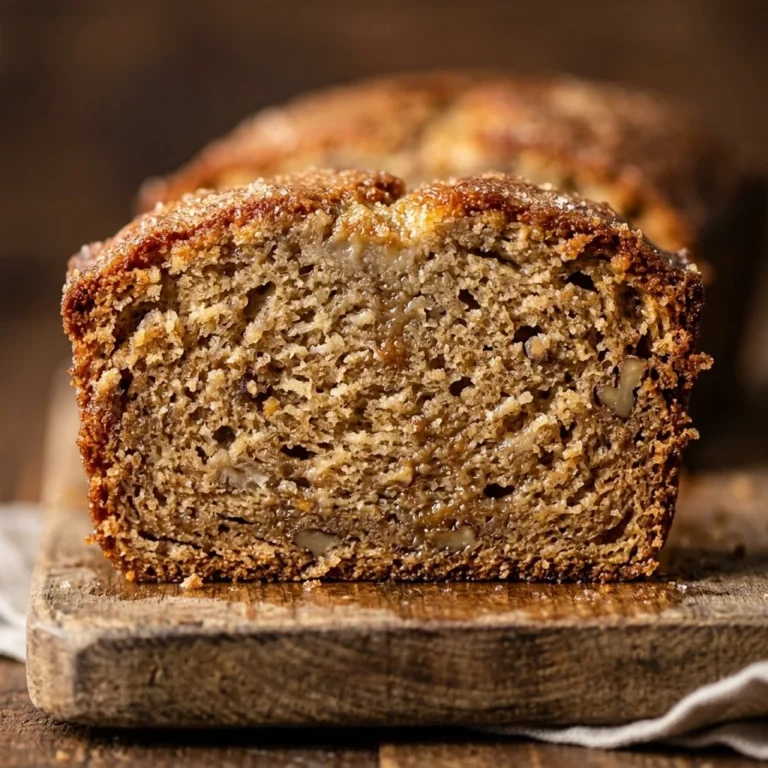 Delicious homemade banana bread loaf on a wooden table.