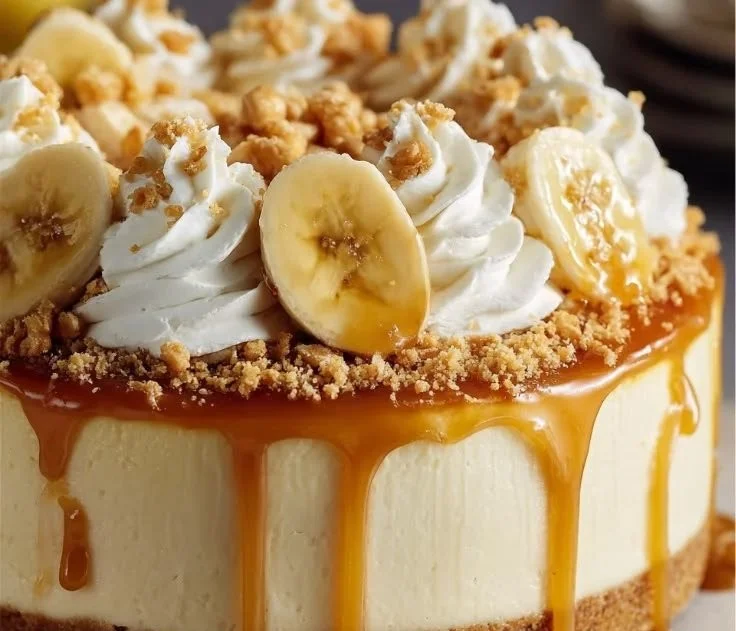 Slice of delicious Banana Cream Cheesecake topped with whipped cream and banana slices