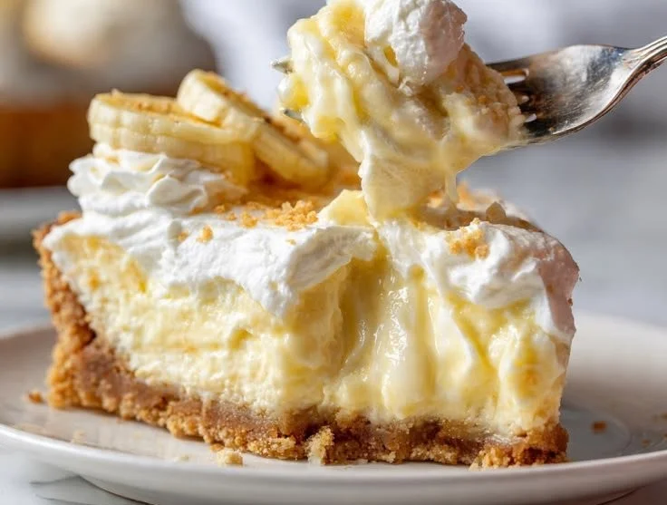 Delicious slice of banana pudding cheesecake with whipped cream and banana slices