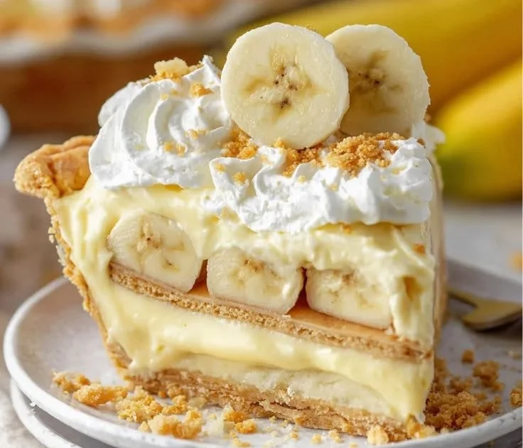 A homemade Banana Pudding Pie topped with whipped cream and banana slices
