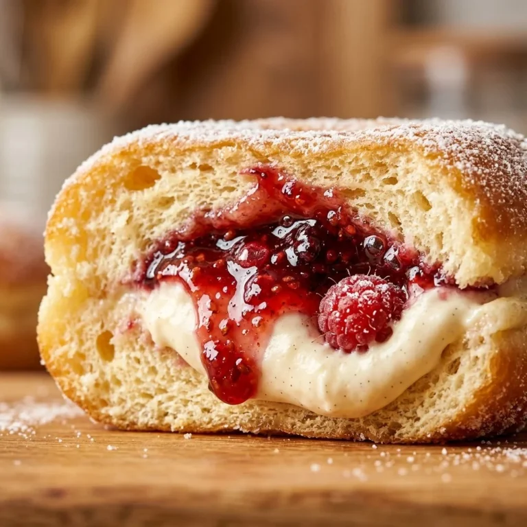 Delicious homemade Berry Cream Donuts with berry filling and icing.