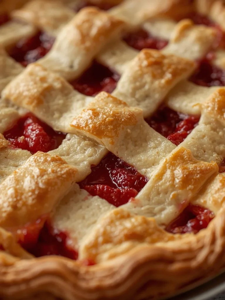 A slice of homemade strawberry rhubarb pie on a plate with fresh strawberries