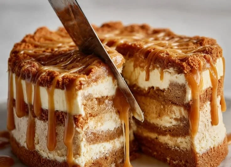 Delicious Biscoff caramel cheesecake served on a decorative plate