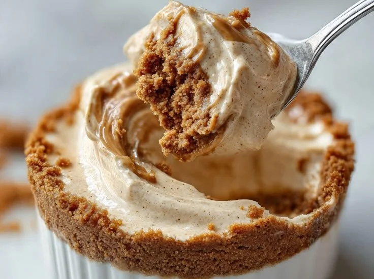 Biscoff-inspired cheesecake cups topped with crushed cookies and drizzled sauce